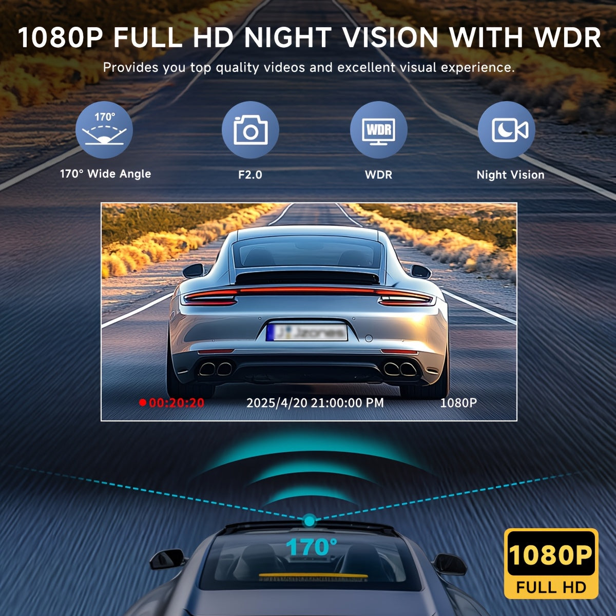Car Dashcam with Dual Lens 1080P+720P HD Night Vision, WDR, Motion Detection, 140° Wide-Angle, Loop Recording, Parking Monitoring, Optional 32GB Card