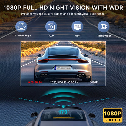 Car Dashcam with Dual Lens 1080P+720P HD Night Vision, WDR, Motion Detection, 140° Wide-Angle, Loop Recording, Parking Monitoring, Optional 32GB Card