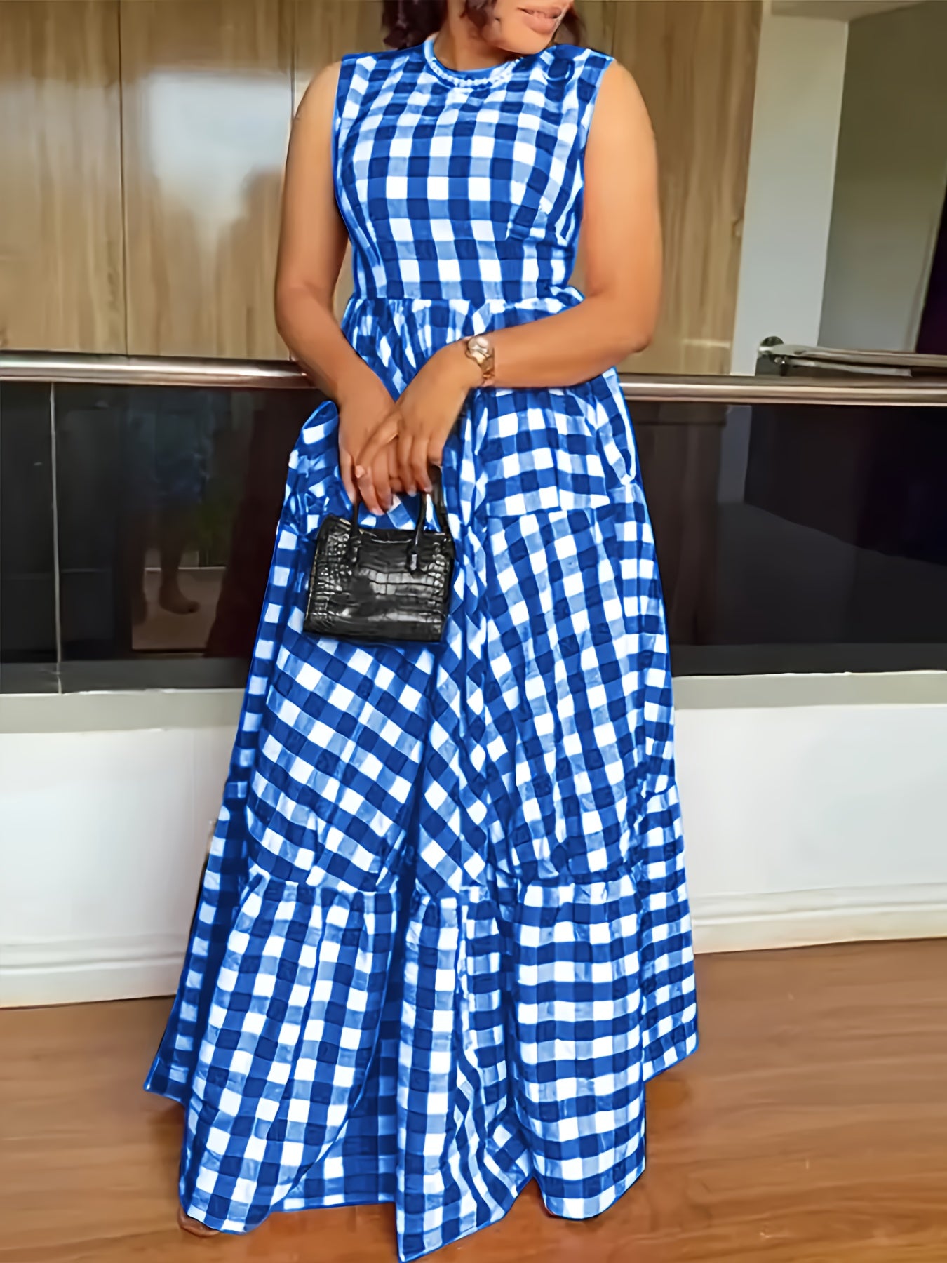 2025 New Summer Elegant Plaid Dress, Sleeveless Round Neck High Waist Multi-Layer Skirt, and Graceful, Casual Summer Wear for Vacation and Dates