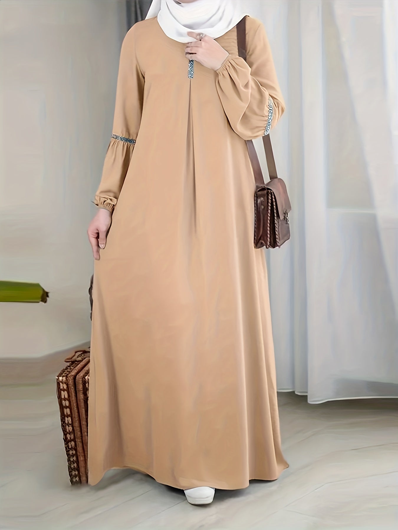 [Sequined Abaya] Sequined Long Sleeve Muslim Abaya | Middle Eastern Solid Color Casual Dress
