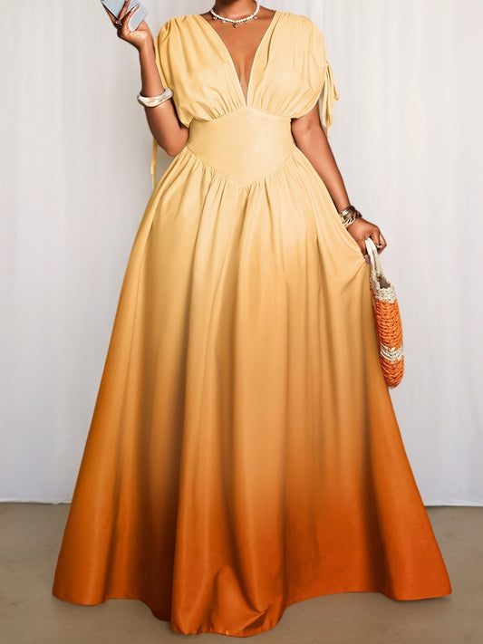 Plus Size, Plus Size Casual Women's Fashion Yellow-Orange Gradient Deep V Neck Waist Cinching Maxi Skirt Elegant Holiday Dress HRA187, Special Occasion Dress, Elegant Outfit, Slim Fit Skirt, Machine Washable, Highquality Mate