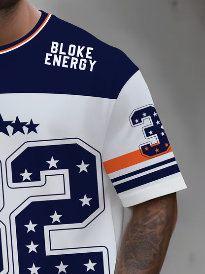 2pcs Set Men's Oversized Number 32 Jersey-like Matching Tunic & Athletic Shorts - Breathable White & Navy Blue with Orange Stripe Design, Number 32 Print, Drawstring Waist Casual & Sports Wear - Gym,, Birthday Party Outfit -