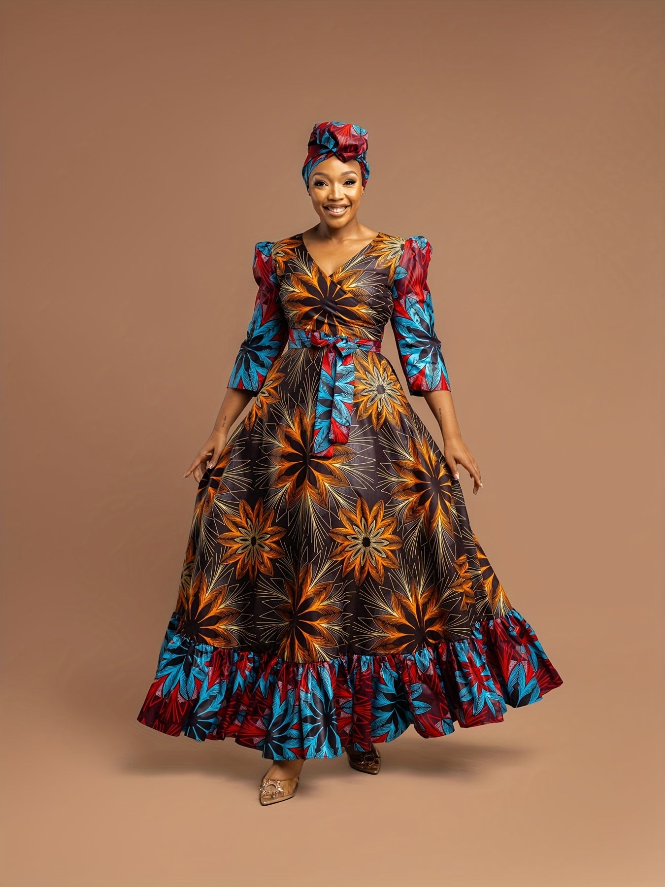 [Plus Size Floral Dress] Vibrant Plus Size Women's Floral Print Maxi Dress | Machine Washable, Fitted Long Sleeve, Front Bow Tie Waist | Spring/Fall, Ditsy Floral Print, Stylish Ruffle Detailing, Blue Red Yellow Orange Black