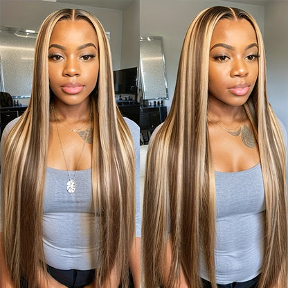 Ombre Straight Human Hair Wig 4/27 Blonde Ombre 13x4 Lace Front Pre-Plucked with Baby Hair 150% Density Piano Highlight Wig for, Versatile Hairpiece, Sophisticated Look
