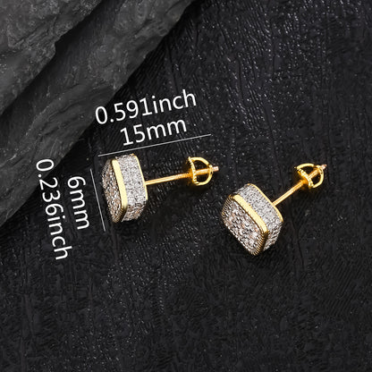 Golden Micro Pave Cubic Zircon Hip Hop Geometry Square Stud Earrings - Iced Out Bling Fashion Jewelry with Geometric Design, Square Shape, and Durable Construction - Perfect for Everyday Wear and Special Occasions