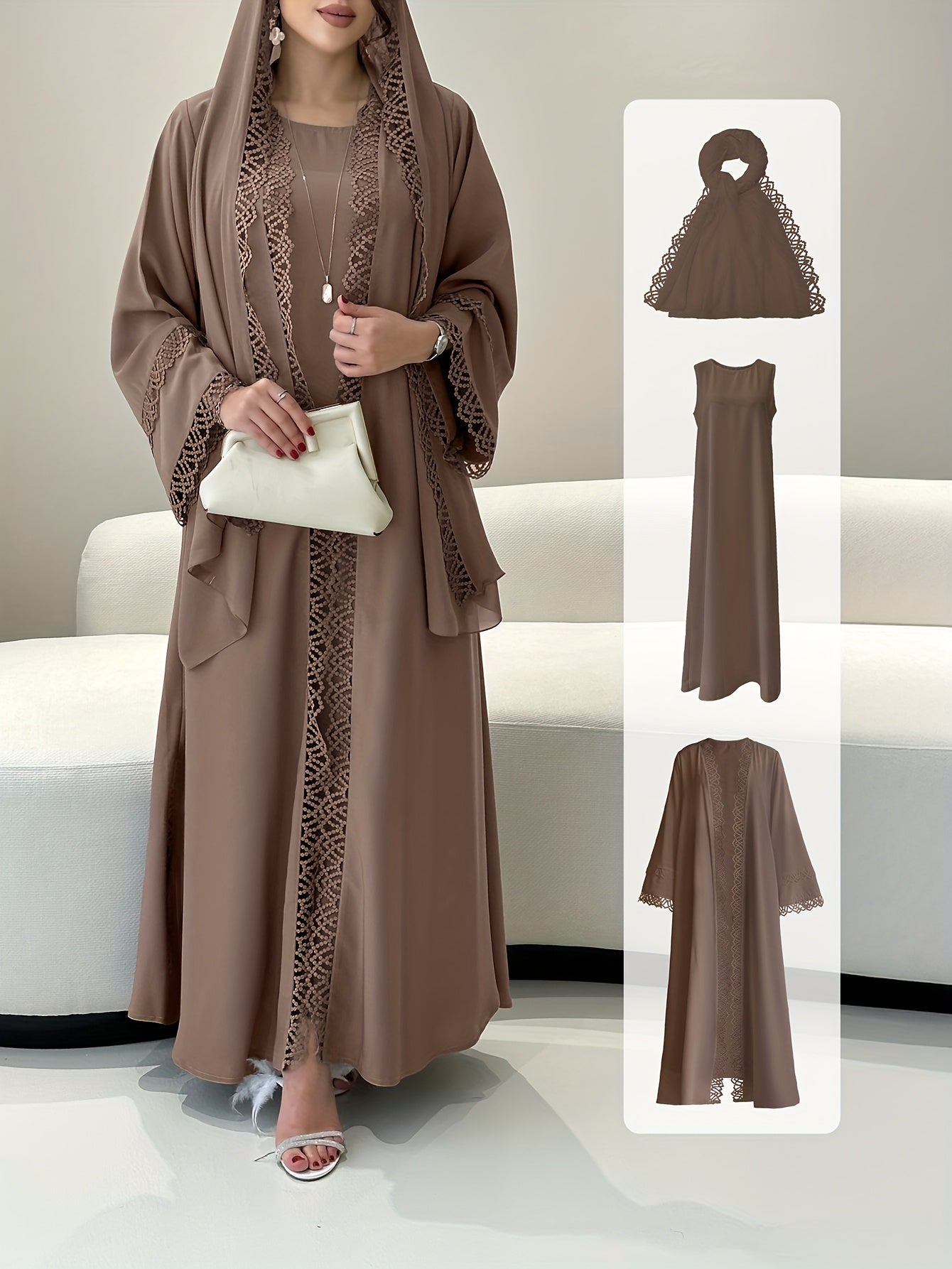 2pcs Elegant Traditional Abaya with Lace Trim and Sleeveless Vest Skirt Set, Headscarf, Long Sleeve, Solid Color, All-Season Wear, No Belt, for Ramadan, Cultural Attire|Elegant Abaya|Lace Trim Abaya, Gulf Abaya For Women Eleg