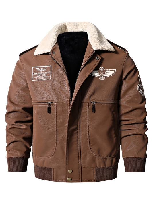 Men's Vintage Bomber Jacket - Motorcycle Flight Coat with Fleece Lining, Brown Military Style Winter Outerwear, Patches, Zipper Closure, Slim Fit, Casual Retro Look, Cold Weather Gear | Military Style Jacket | Ribbed Cuffs Ja