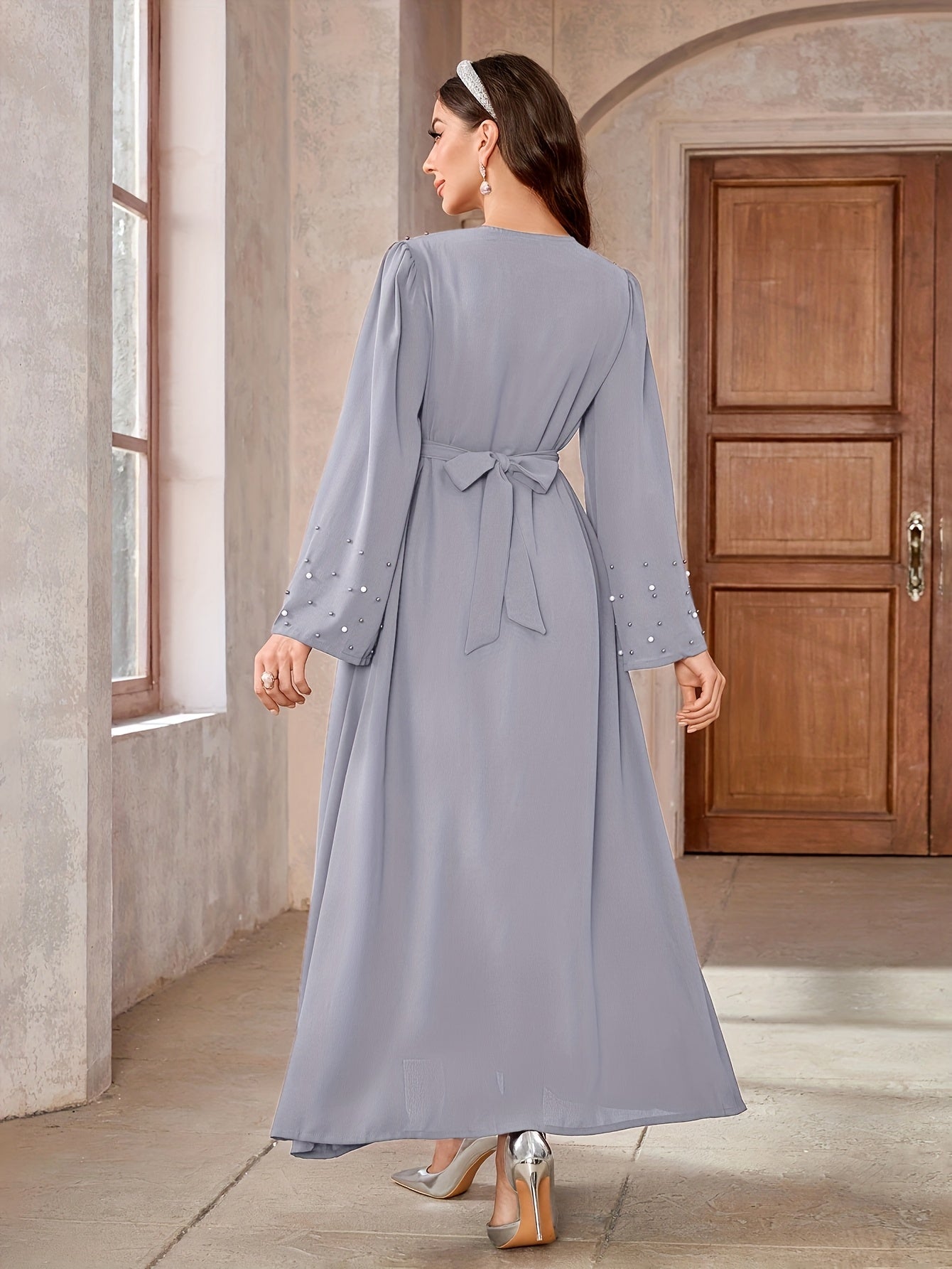 Elegant Navy Blue Abaya with Pearl Embellishments and Belt - Long Sleeve, Floor-Length Dress for Women, Perfect for Formal Occasions, Formal Attire|Elegant Abaya|Pearl Embellishments