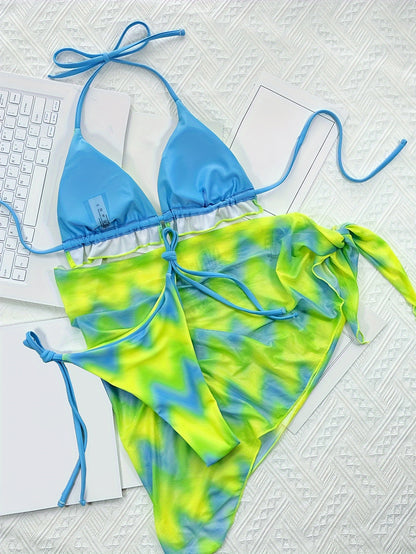 Vcay Swimwear Set, Sexy Tie-Dye Bikini with Frill Detail, High Stretch Fabric, Removable Padding, Halter Neck, Wrap Dress Style, All-Season Swimwear, Beach Attire|Tiedye Bikini|Removable Padding