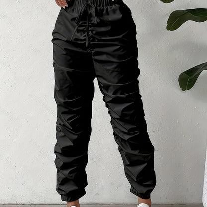 Elegant Full-Length Wrinkle/pleated Hem Pants - Solid Color Smooth Non-Stretch Leg for Dress Pants, Spring/Summer Casual & Dress Wear, Machine Washable Regular Fit Trousers