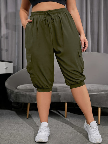 [Sporty Chic] Plus Size Women's Lightweight Breathable Capri Yoga Pants with Side Flap Pockets & Drawstring Waist - Casual, Sporty Khaki Cargo Pants, Plus Size Pants