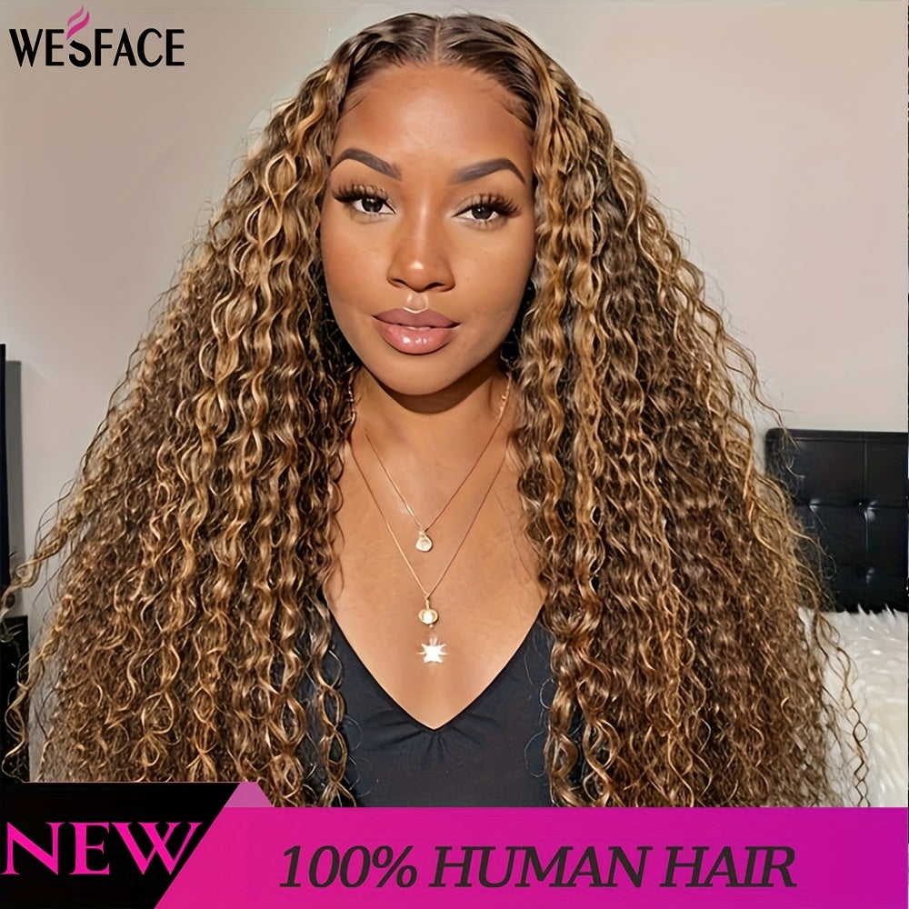 Wesface Women'S 13x4 Deep Wave Frontal Wig - Human Hair Lace Frontal with Honey Blonde Highlights, Natural Brown/Blonde/Red/Red/, Frontal Wig, Hairpiece, Seamless Hairpiece, Natural Look Wig, Beauty Accessory