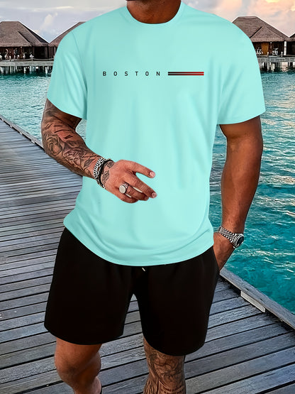 Men's 180gsm Heavyweight 100% Cotton T-Shirt with Boston Lettering Print - Casual Round Neck Short Sleeve, Regular Fit All-Season Comfort, White & Black Contrast Design for Everyday & Semi-Formal Wear - Boston-Themed Apparel
