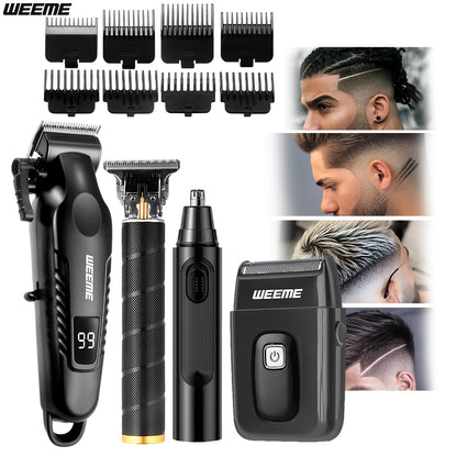 WEEME 4pcs Men'S Facial Grooming Kit: USB Fast Charging Electric Hair Clipper + T-Blade Trimmer + Shaver + Nose Hair Clipper for Shaving, Nose Hair Trimming, Carving Styling - LCD Battery Display - Perfect Gift for Father'S D