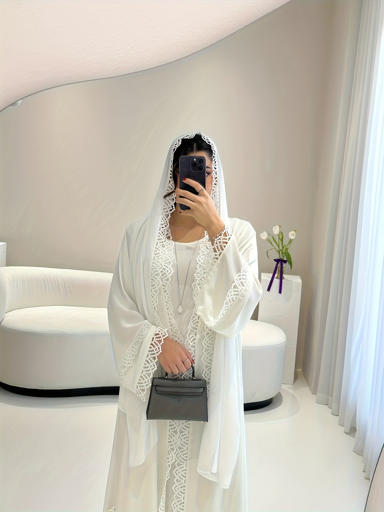 2pcs Set of Muslim Abaya with Lace Sleeveless Vest Skirt, Headscarf, and Headscarf, Ramadan Fashion