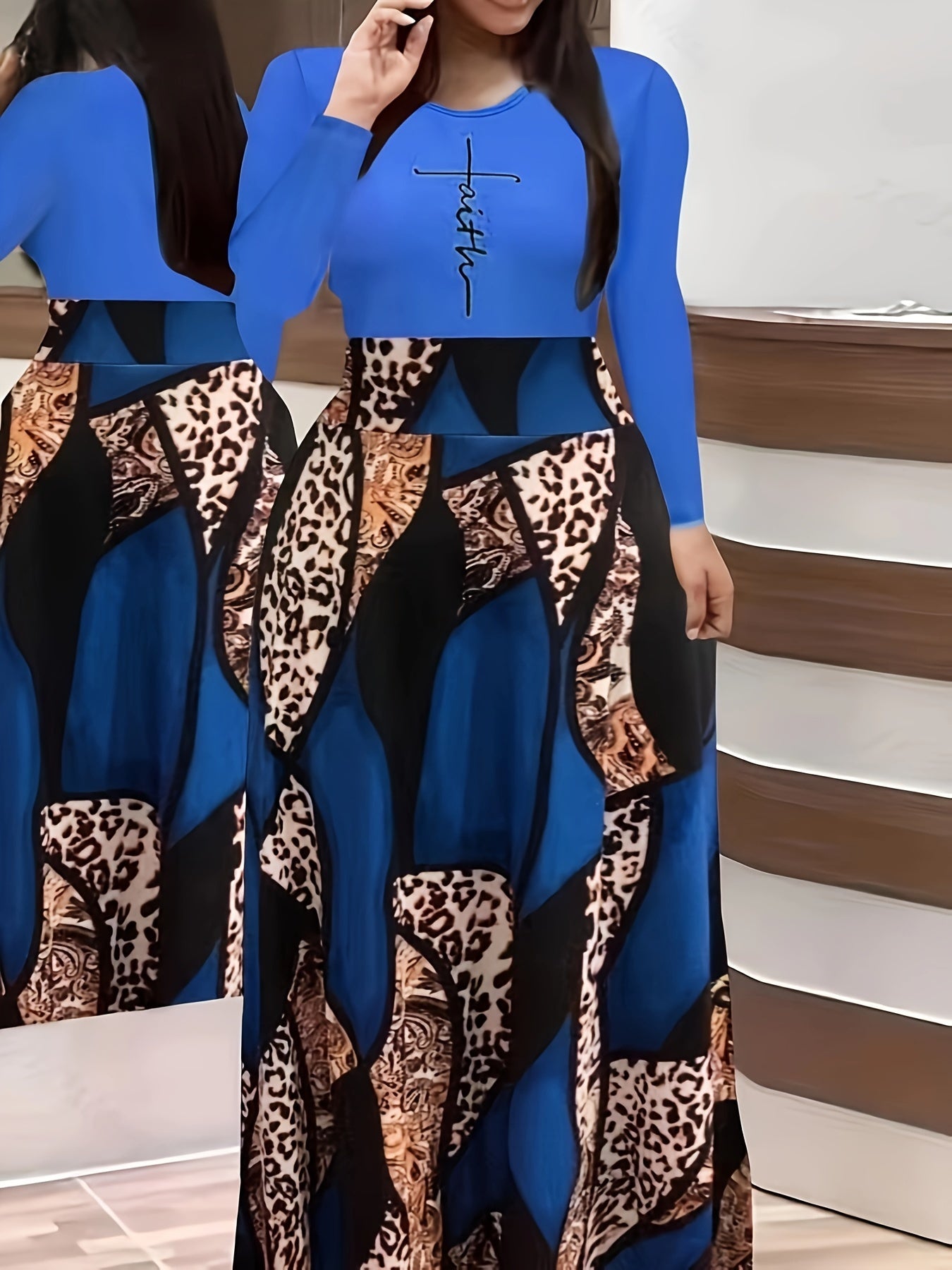 & Geo Print Dress, Casual Long Sleeve Ruffle Hem Slim Maxi Dress, Women's Clothing