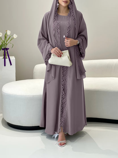 2pcs Elegant Traditional Abaya with Lace Trim and Sleeveless Vest Skirt Set, Headscarf, Long Sleeve, Solid Color, All-Season Wear, No Belt, for Ramadan, Cultural Attire|Elegant Abaya|Lace Trim Abaya, Gulf Abaya For Women Eleg