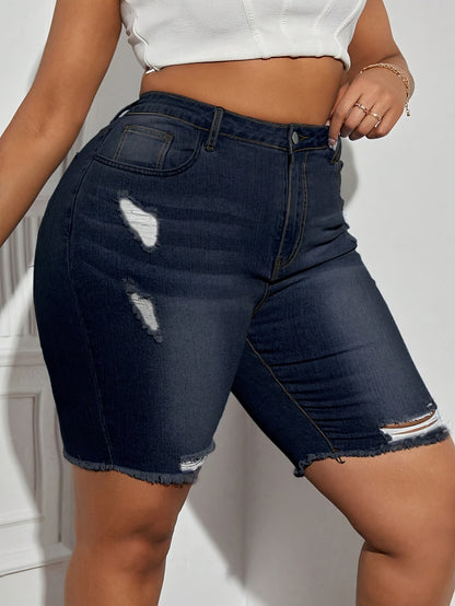 Women&apos;s Plus Size Dark Washed Denim Shorts - Stretchy Slim Fit Casual Shorts with Button Closure, Machine Washable for Spring/Summer
