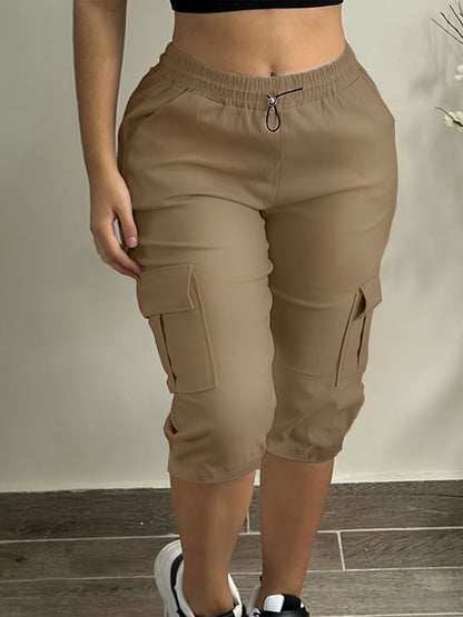 Women's Plus Size Cargo Capri Pants with Elastic Waistband & Side Pockets - Lightweight Polyester, Casual Spring/Summer Outdoor Wear, Beige, Capri Leggings