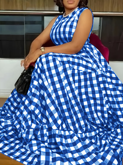 2025 New Summer Elegant Plaid Dress, Sleeveless Round Neck High Waist Multi-Layer Skirt, and Graceful, Casual Summer Wear for Vacation and Dates