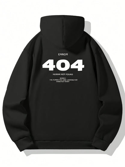 Men's Casual Hooded Sweatshirt with Bold 404 Graphic Print & Humorous Text, Loose Fit Streetwear Pullover, Black/White Lettering, Front Pockets, Non-Stretch Fabric, Sweater Hoodie, Relaxed Clothing, Trendy Design, Functional