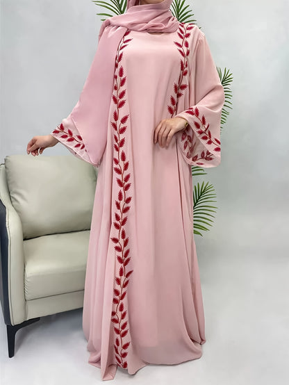 2pcs set of Middle Eastern clothing, fashionable street style, pink round collar embroidered long robe + headscarf