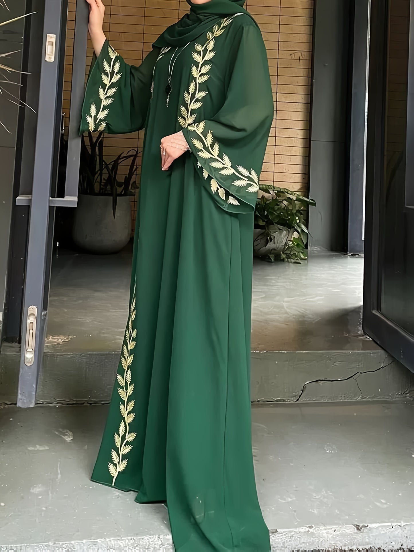 2pcs set of Middle Eastern clothing, fashionable street style, pink round collar embroidered long robe + headscarf