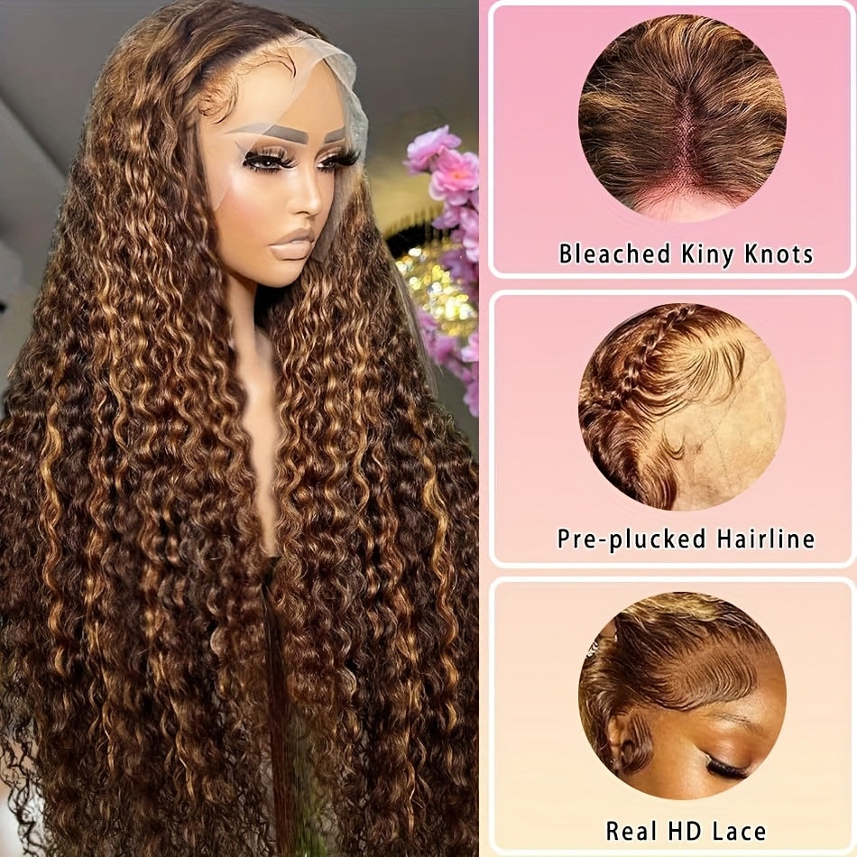 Wesface Women'S 13x4 Deep Wave Frontal Wig - Human Hair Lace Frontal with Honey Blonde Highlights, Natural Brown/Blonde/Red/Red/, Frontal Wig, Hairpiece, Seamless Hairpiece, Natural Look Wig, Beauty Accessory