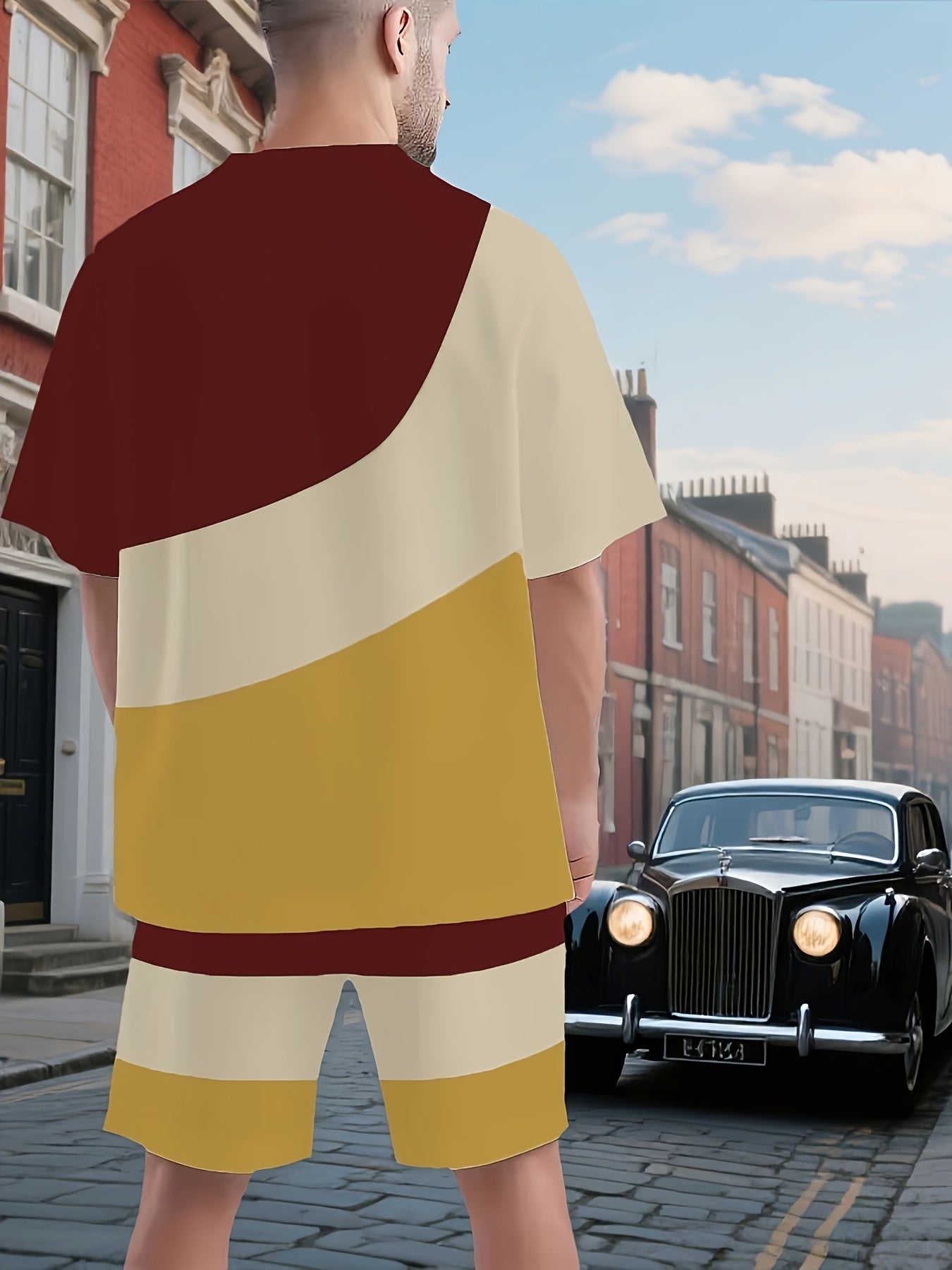 1 set of 2pcs 3D letter print stylish three-color Men's summer fresh T-shirt and shorts set, made from stretchy polyester knit fabric, regular fit, suitable for outdoor activities and family gatherings