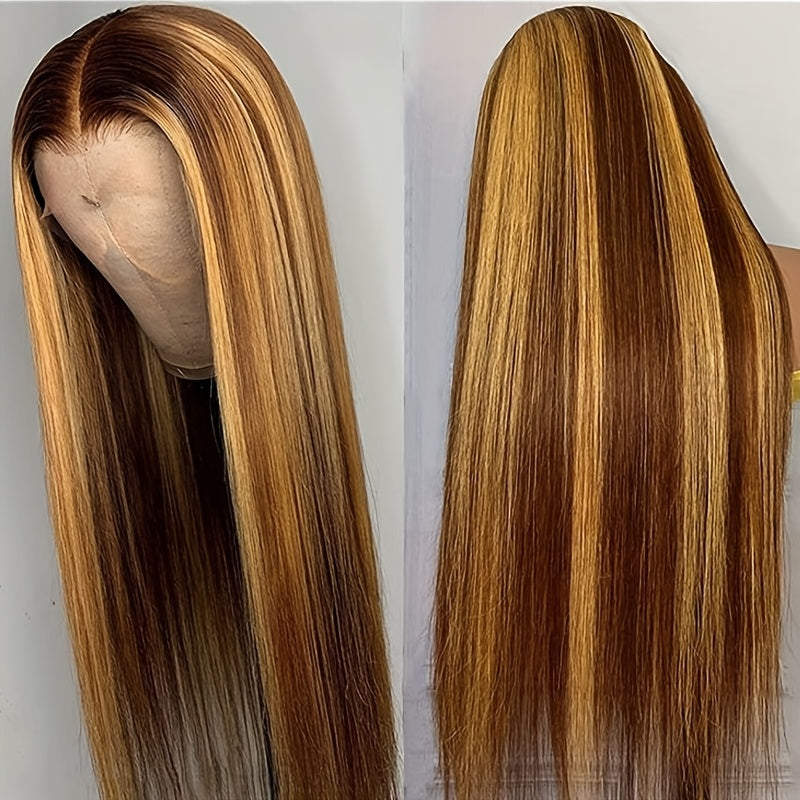 Ombre Straight Human Hair Wig 4/27 Blonde Ombre 13x4 Lace Front Pre-Plucked with Baby Hair 150% Density Piano Highlight Wig for, Versatile Hairpiece, Sophisticated Look