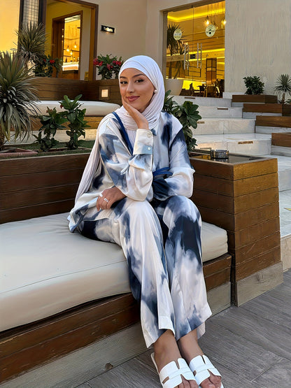 2pcs Women's Elegant Arabic-Inspired Abaya Set - Long Sleeve Shirt & Pants with White & Black Gradient Print, Structured Button-Up Outfit, Machine Washable All-Season Muslim Women's Clothing for Casual & Formal Events, Fancy