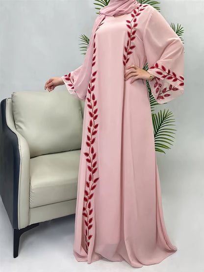 2pcs set of Middle Eastern clothing, fashionable street style, pink round collar embroidered long robe + headscarf